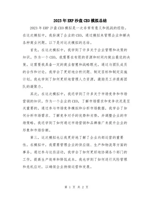 2023年ERP沙盘CEO模拟总结