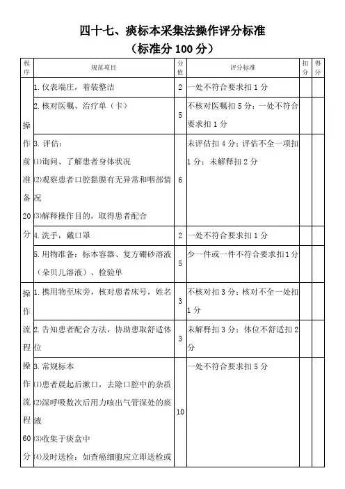 四十七.痰标本采集法操作评分标准