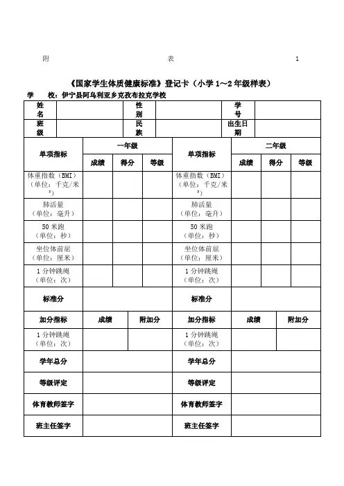 《国家学生体质健康标准》登记卡