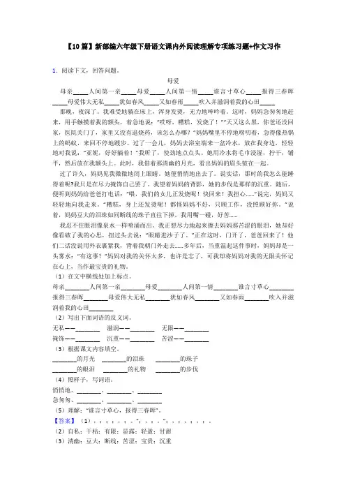 【10篇】新部编六年级下册语文课内外阅读理解专项练习题+作文习作