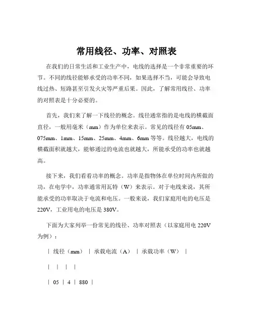 常用线径、功率、对照表