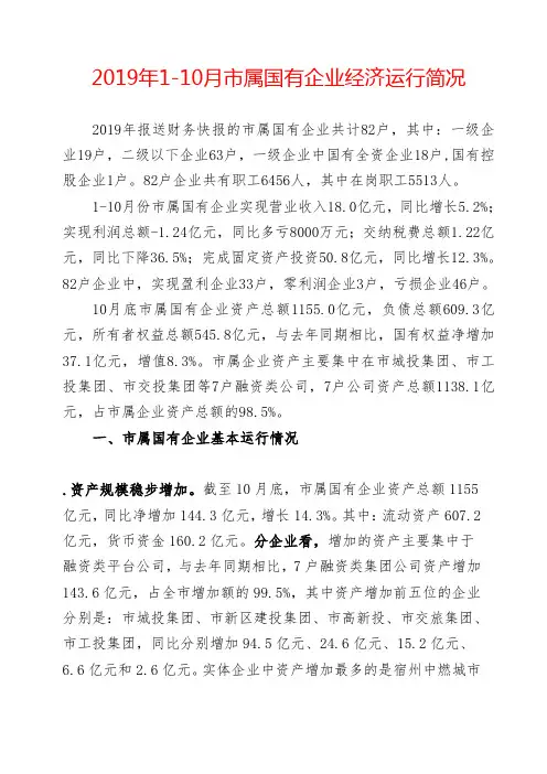 2019年110月市属国有企业经济运行简况