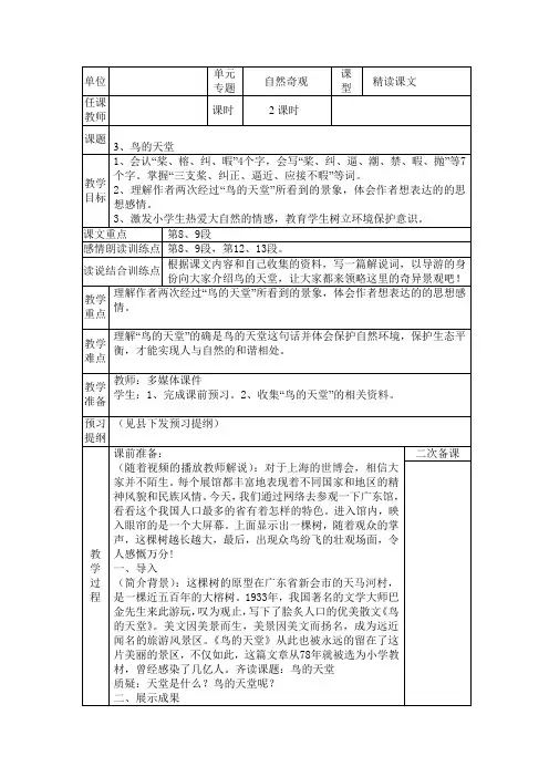 小学语文人教版四年级上册第一单元电子备课3、鸟的天堂