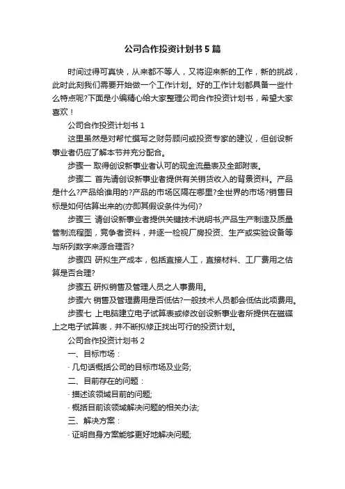 公司合作投资计划书5篇