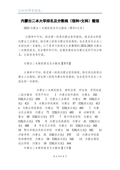 内蒙古二本大学排名及分数线(理科+文科)整理