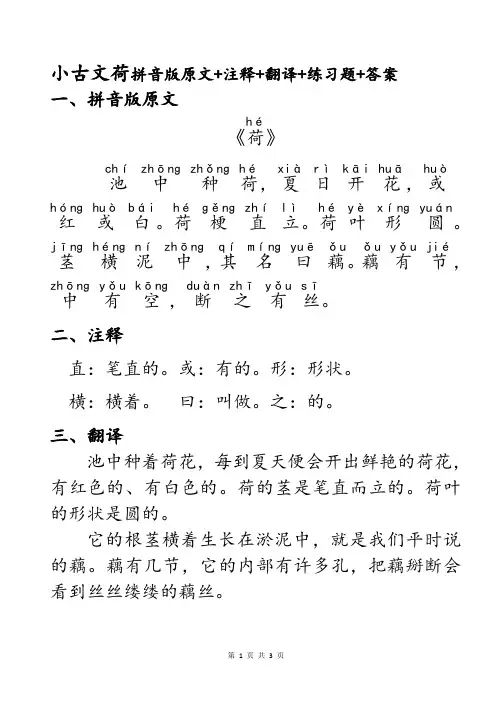 民国老课本小古文第4课荷知识点注音版原文+词语解析+译文+检测练习题+参考答案