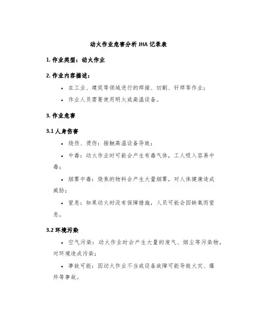动火作业危害分析JHA记录表
