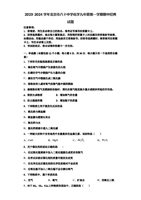 2023-2024学年北京市八十中学化学九年级第一学期期中经典试题含解析