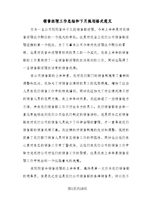 销售经理工作总结和下月规划格式范文（六篇）