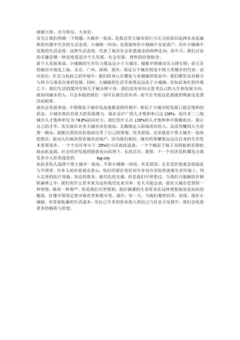 宁要小城镇一间房不要大城市一张床一辩