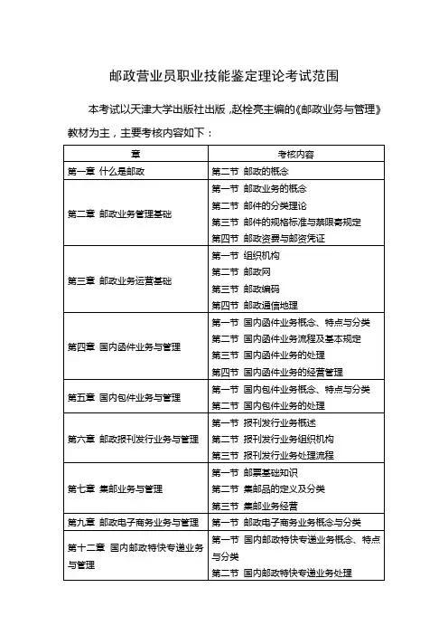 邮政通信特有职业技能鉴定理论知识考试范围