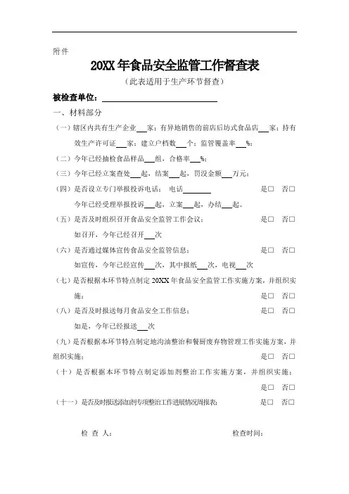 推荐-20XX年食品安全监管工作督查表 精品
