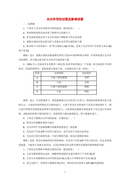 2022高考新人教版生物一轮复习—光合作用的过程及影响因素含解析