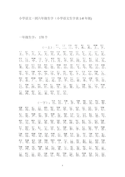 人教版语文一到六年级生字表
