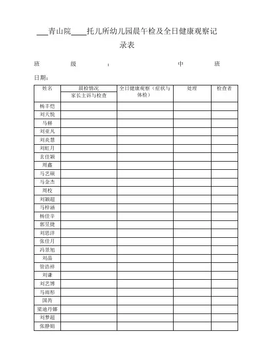 托儿所幼儿园晨午检及全日健康观察记录表