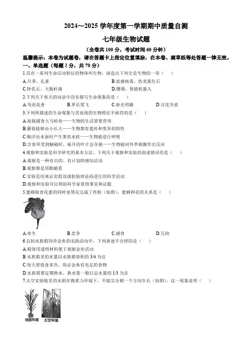 江苏省徐州市铜山区2024-2025学年七年级上学期期中生物试题(无答案)