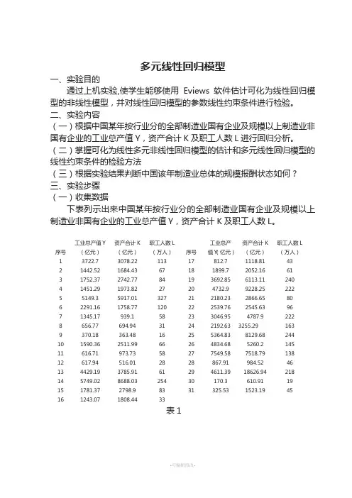 多元线性回归模型实验报告