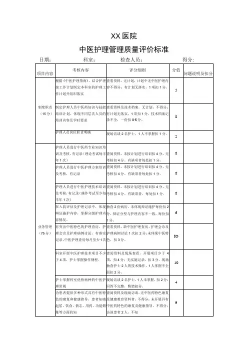 中医护理管理质量评价标准