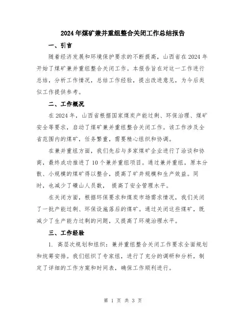 2024年煤矿兼并重组整合关闭工作总结报告