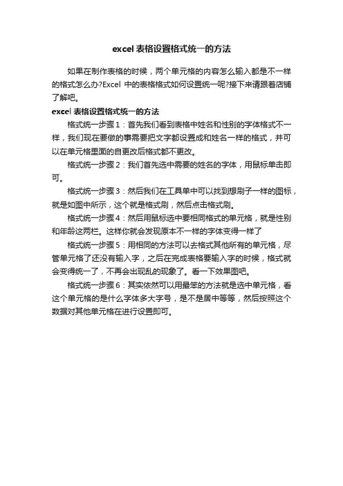excel表格设置格式统一的方法