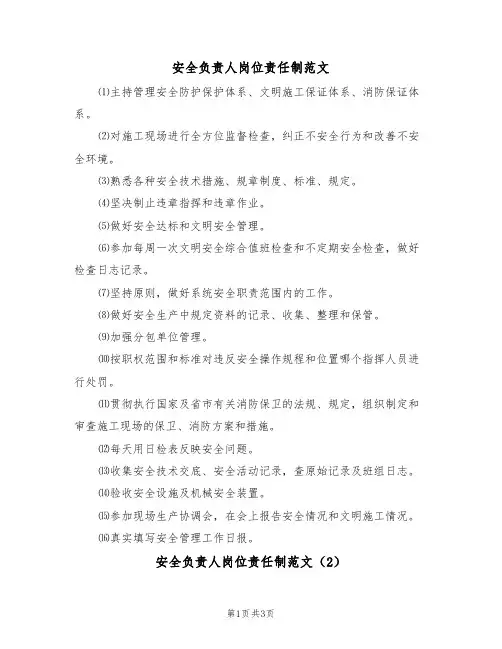 安全负责人岗位责任制范文(2篇)