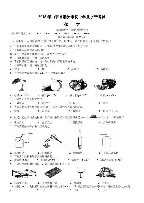 2018年山东省泰安市中考化学真题(含解析)