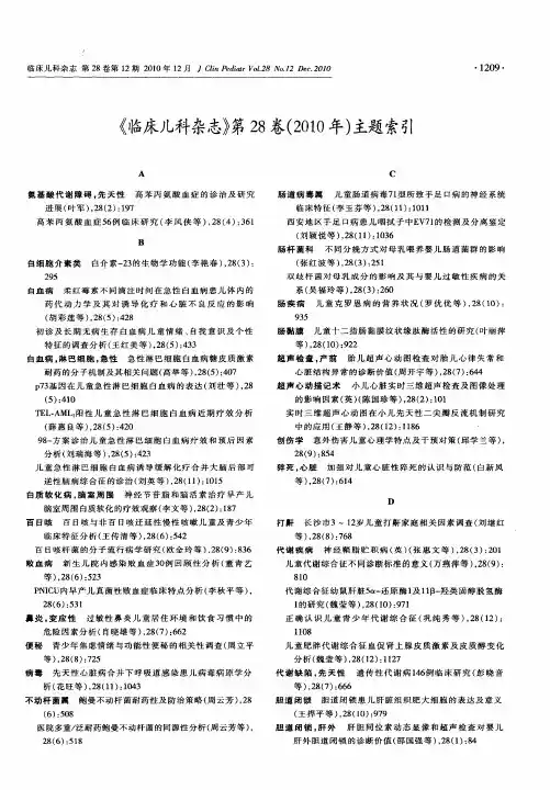 《临床儿科杂志》第28卷(2010年)主题索引