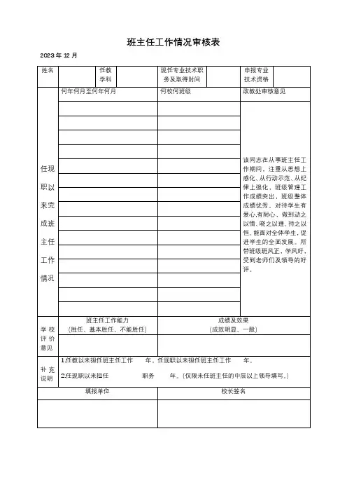 班主任工作情况审核表
