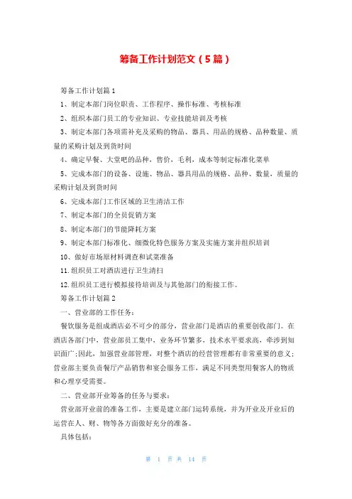 筹备工作计划范文(5篇)