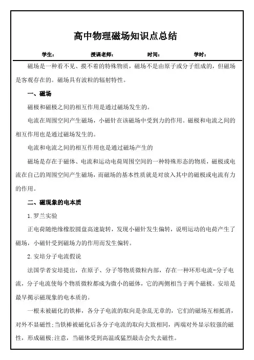 高中物理选修3-1磁场：知识点总结