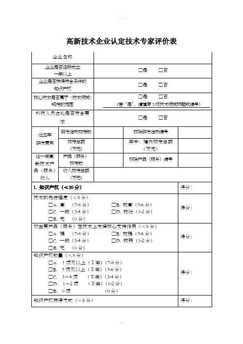 高新技术企业认定技术专家评价表