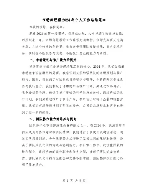 市场部经理2024年个人工作总结范本(2篇)