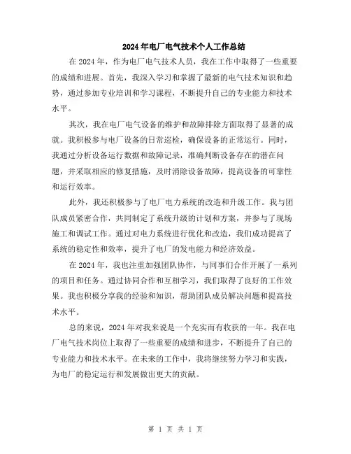 2024年电厂电气技术个人工作总结
