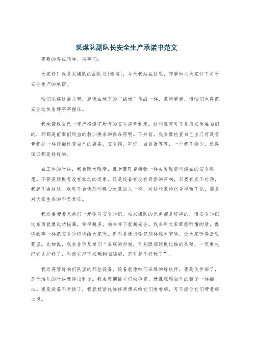 采煤队副队长安全生产承诺书范文