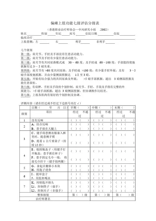 偏瘫上肢功能七级评估分级表