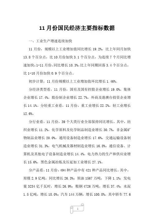 2022年行业分析11月份国民经济主要指标数据