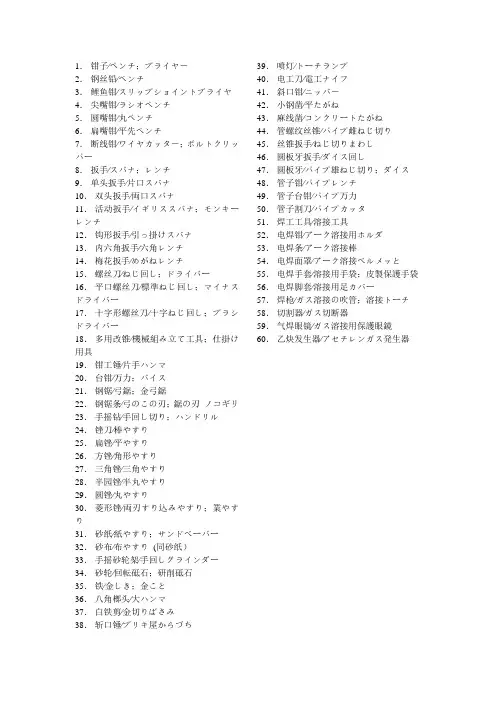各种工具中日翻译对照表