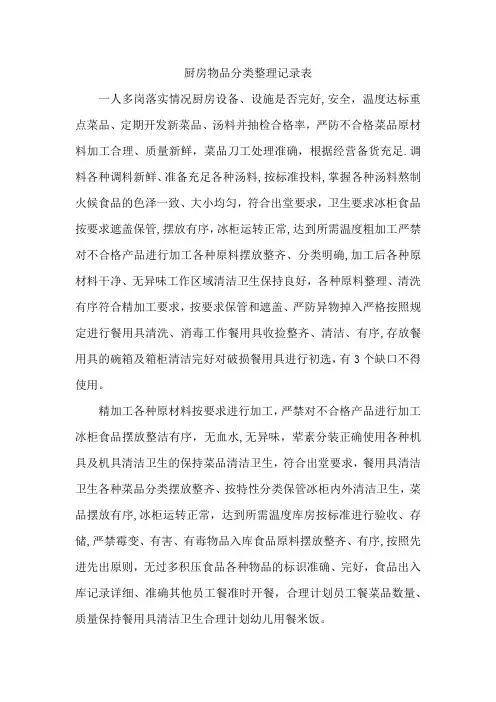 厨房物品分类整理记录表