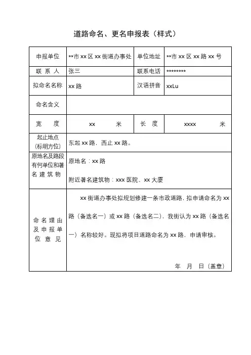 道路命名、更名申报表(样式)【模板】