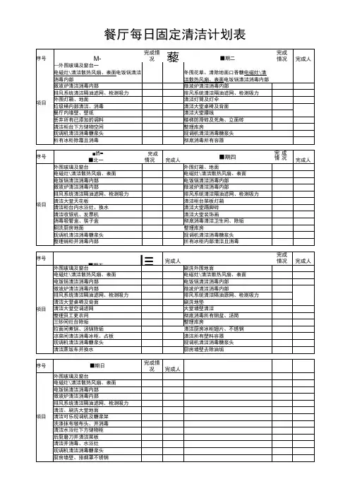 餐厅每日固定清洁计划表