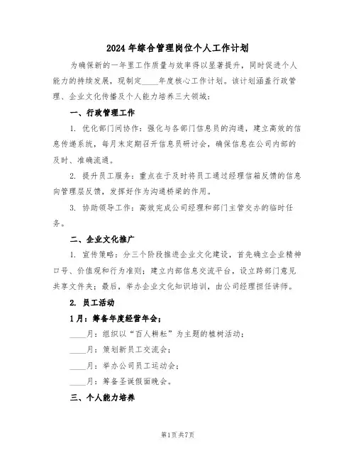 2024年综合管理岗位个人工作计划（五篇）