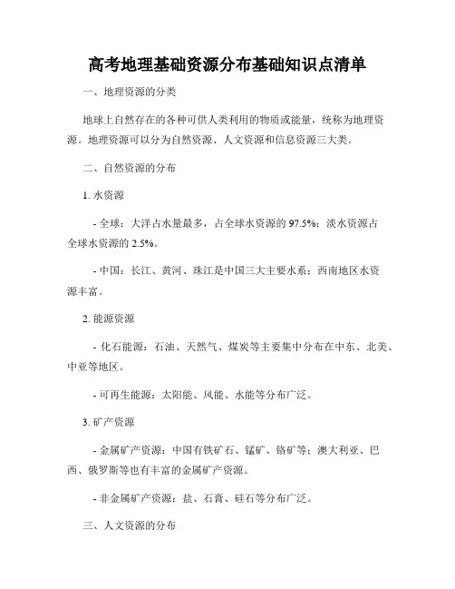 高考地理基础资源分布基础知识点清单