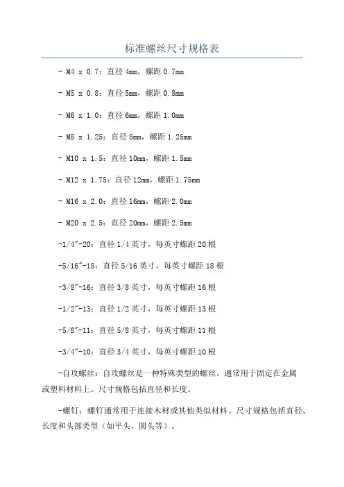 标准螺丝尺寸规格表