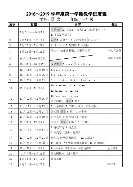 简约版2018---2019学年度第一学期年级语文教学进度(2018.7)