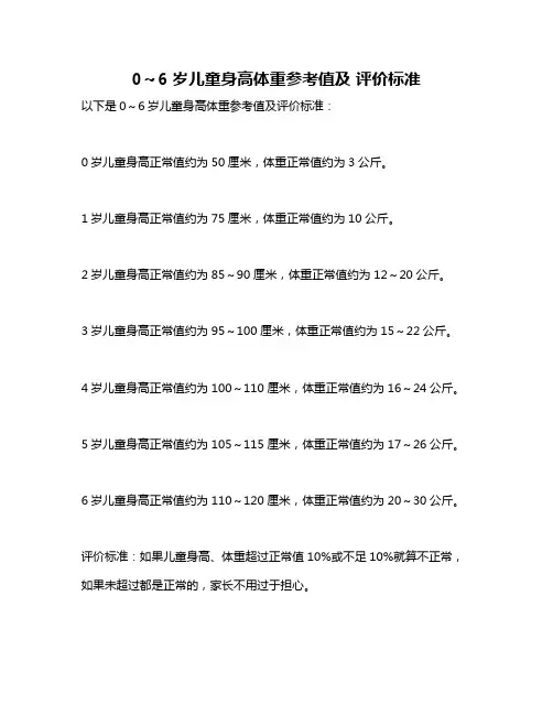 0～6岁儿童身高体重参考值及 评价标准
