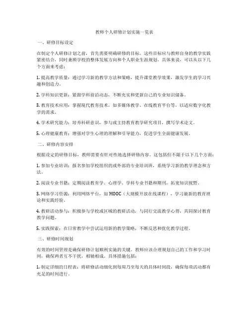 教师个人研修计划实施一览表