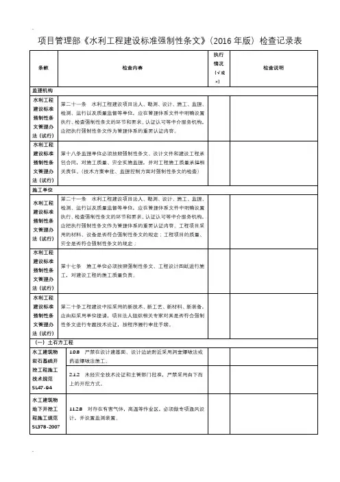 水利工程建设标准强制性条文检查记录表