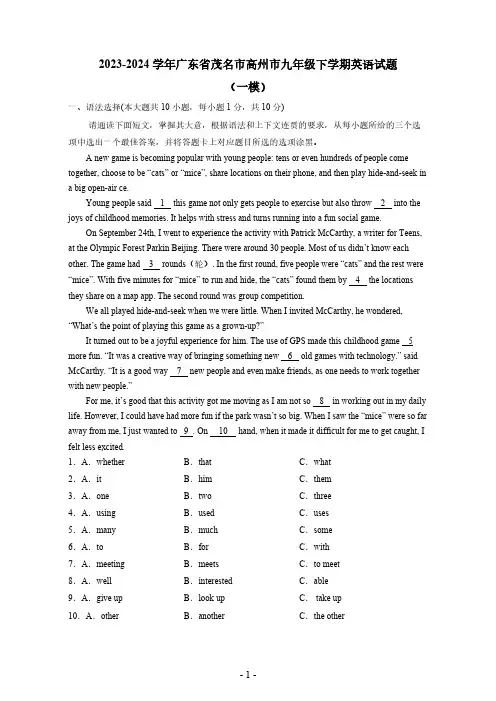 2023-2024学年广东省茂名市高州市九年级下册英语试题(一模)含答案