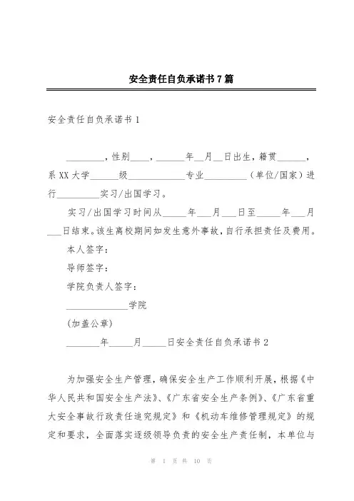 安全责任自负承诺书7篇