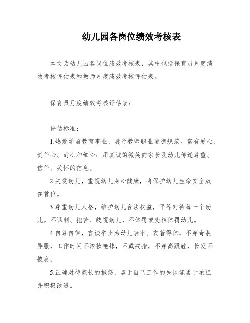 幼儿园各岗位绩效考核表